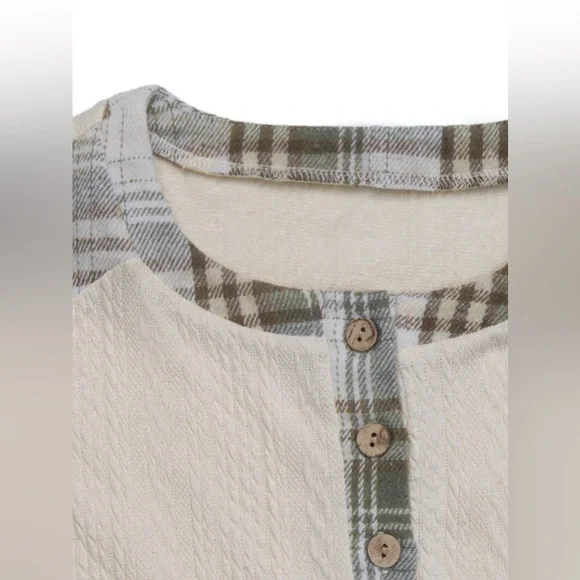 Cream and Plaid Long Sleeve Top- Perfee - Picture 6 of 8